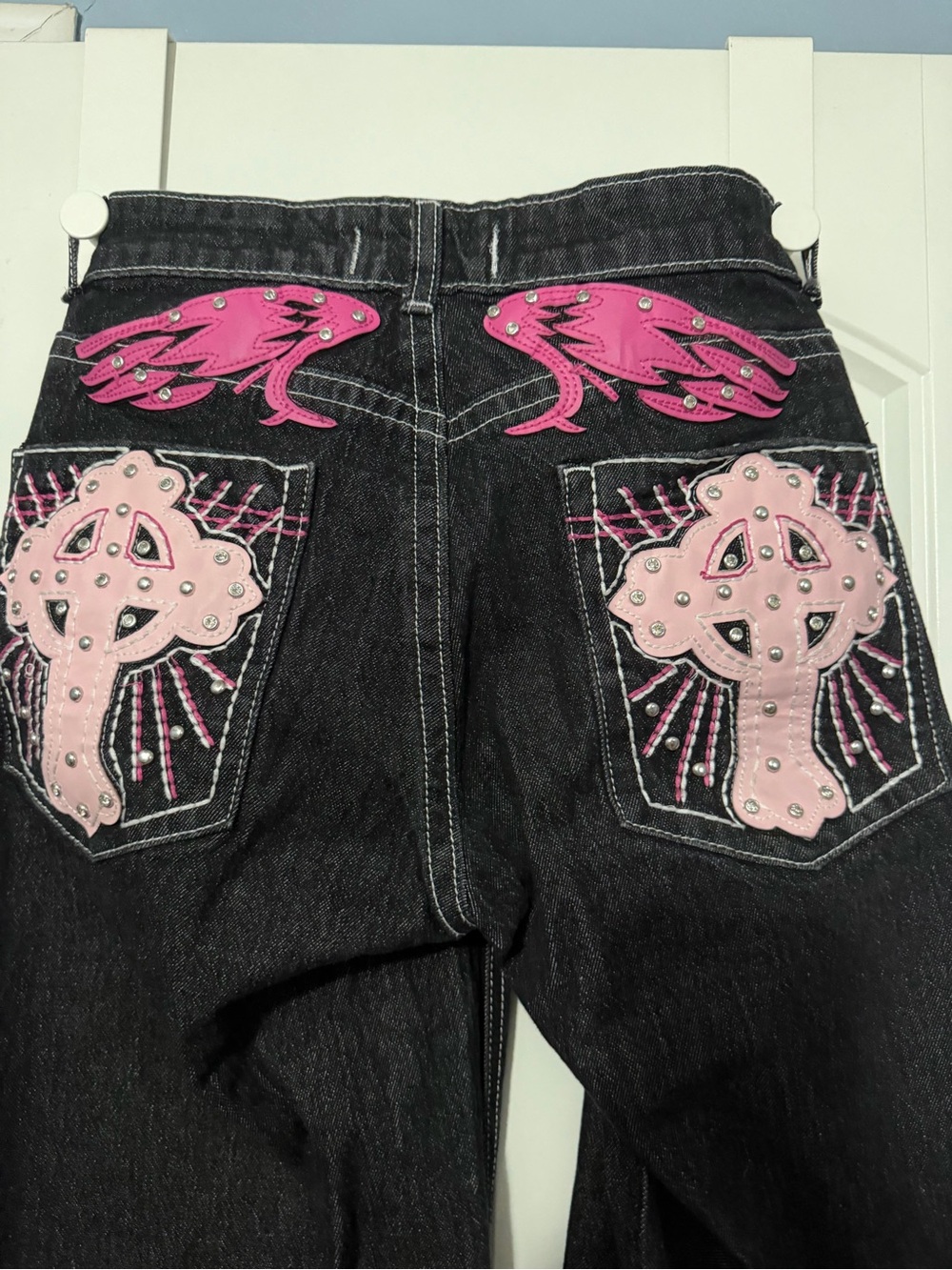 Black Boot-Cut Jeans with Pink Cross & Wing Embroidery